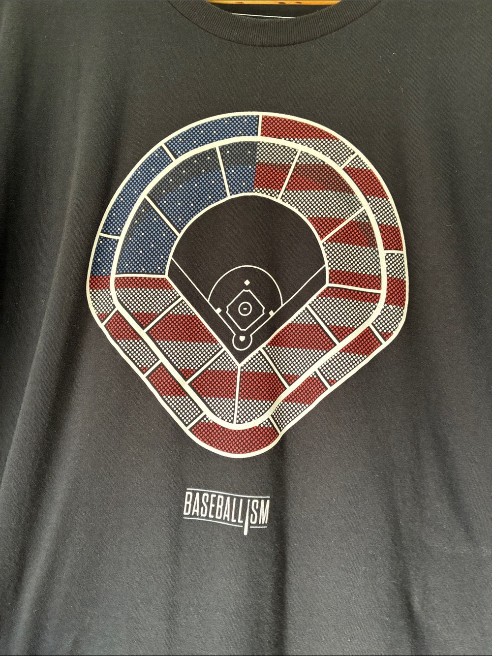 Baseballism Men’s Black T-Shirt with American Flag Stadium Graphic